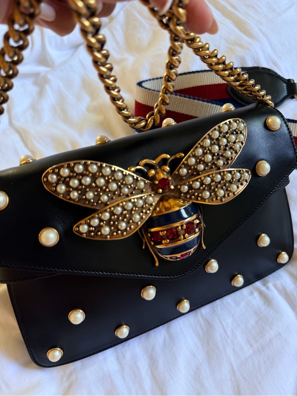 Gucci Queen Margaret Broadway Shoulder HandBag Black Leather Pearl Studded COA - Picture 7 of 13